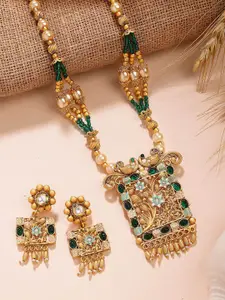 KARATCART Gold-Plated Menakari Rani Haar Necklace Set With Green Beads For Women