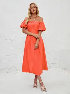 bebe Orange Off-shoulder Puff Sleeve Fit & Flare Midi dress