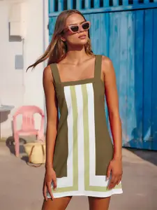 bebe Striped Square Neck Shoulder Strap Shift Mini Dress