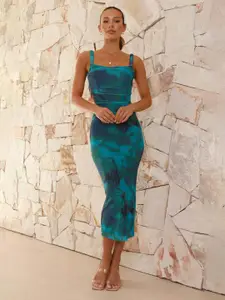 bebe Blue Tie-Dye Print Lace Up Back Bodycon Midi Dress