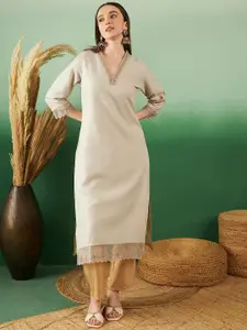 Sangria Floral Yoke Design Thread Work V-Neck Straight Kurta