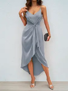 bebe Grey Spaghetti Strap Front Tie High-Low Hem Maxi Dress