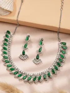 KARATCART Sparkling Green & White American Diamond Necklace Set