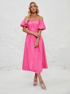 bebe Pink Off-shoulder Puff Sleeve Fit & Flare Midi dress