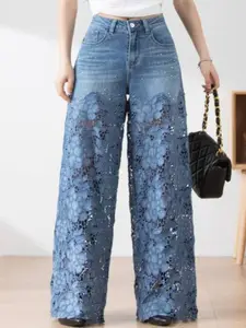bebe Women Mid-Rise Floral Lace Applique Wide-Leg Jeans