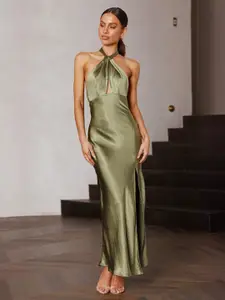 bebe Green Halter Neck Backless Maxi Dress with side slit