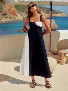 bebe Black & White Colorblocked Square Neck A-Line Maxi Dress