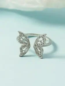 Estailo fashion Silver-Plated Cubic Zirconia Studded Adjustable Finger Ring