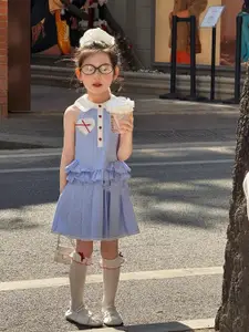 StyleCast x Revolte Girls Solid Shirt Collar Gathered or Pleated Cotton A-Line Dress