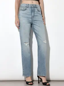 ONLY Women High-Rise Mildly Distressed Light Fade Embroidered Stretchable Jeans
