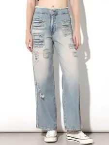 ONLY Women Straight Fit High-Rise Highly Distressed Heavy Fade Cotton Jeans