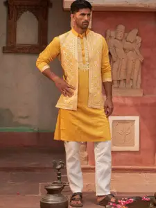 Jompers Men Embroidered Chikankari Kurta with Pyjamas With Waistcoat