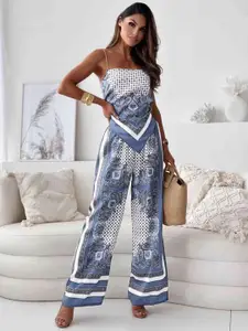 MIAKEE Printed Shoulder Straps Sleeveless Crop Top With Palazzos Co-Ords