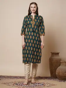 FASHOR Women Ethnic Motifs Printed Mirror Work Cotton Kurta