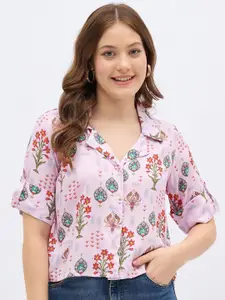 all about you Floral Printed Spread Collar Roll-Up Sleeves Casual Shirt