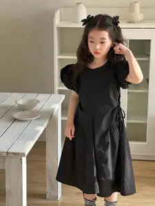 StyleCast x Revolte Girls Solid Round Neck Gathered or Pleated Cotton A-Line Dress