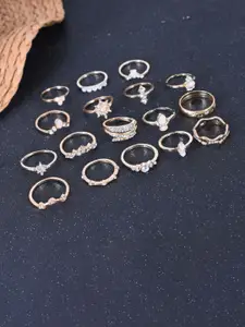 DIVASTRI Set of 17 Gold-Plated American Diamond Studded Finger Rings