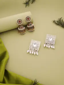 Anouk Set Of 2 Gold-Plated Kundan Studded & Pearls Beaded Dome Shaped Jhumkas