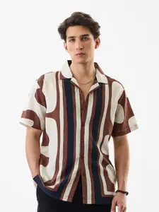 Snitch Abstract Printed Drop-Shoulder Sleeves Cuban Collar Boxy Casual Shirt
