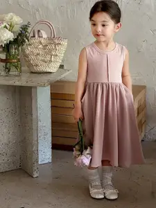 StyleCast x Revolte Girls Solid Round Neck Gathered or Pleated Cotton A-Line Dress