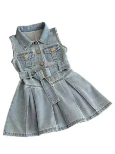 StyleCast x Revolte Girls Solid Shirt Collar Gathered or Pleated Cotton A-Line Dress