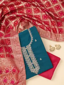 Koskii Blue Zari Work Soft Raw Silk Unstitched Salwar Suit