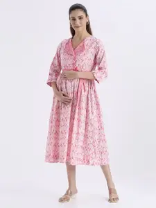 MeeMee Women Maternity Floral Print Flared Sleeve A-Line Midi Dress