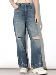 ONLY Women Straight Fit Mid-Rise Highly Distressed Heavy Fade Cotton Embroidered Jeans