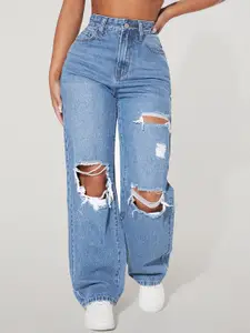 AAHWAN Women Relaxed Fit High-Rise Highly Distressed Light Fade Jeans