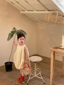 StyleCast x Revolte Girls Solid Round Neck Gathered or Pleated Cotton A-Line Dress