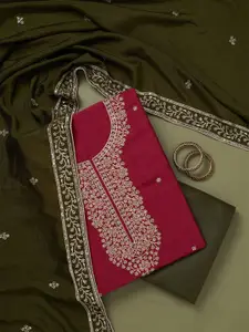 Koskii Floral Embroidered Zari Work Raw Silk Unstitched Dress Material