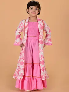 Sangria Girls Floral Printed Pure Cotton Shrug With Crop Top & Sharara