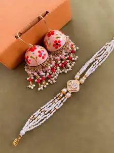 Anouk Set of 2 Gold Plated & Multicolour Meenakari Work Inspired Jhumkas & Bracelet
