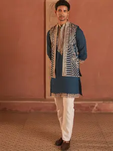 Jompers Men Floral Embroidered Regular Chikankari Kurta and Waistcoat with Pyjamas