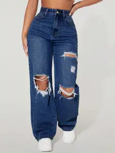 AAHWAN Women Wide Leg High-Rise Highly Distressed Heavy Fade Stretchable Jeans