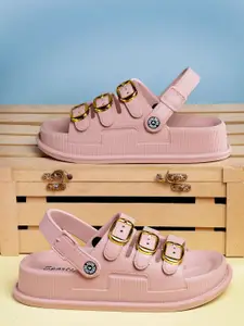 NATSHUZ Women Textured Open Toe Flats With Buckles