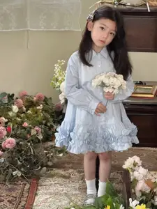 StyleCast x Revolte Girls Solid Shirt Collar Ruffles Cotton A-Line Dress