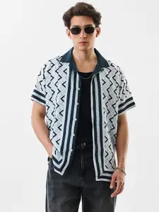 Snitch Geometric Printed Cuban Collar Boxy Casual Shirt