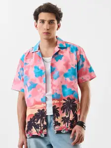 Snitch Abstract Printed Cuban Collar Boxy Casual Shirt