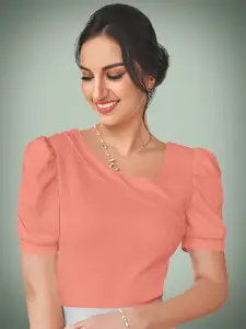 Dream Beauty Fashion Top-54-Paris-Peach Women Solid V Neck Puff Sleeve Top
