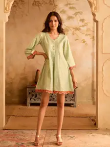 BAESD Women Striped A-Line Dress with Floral Embroidered Hem