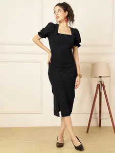 Selvia Embellished Puff Sleeve Bodycon Midi Dress