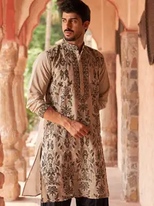 Jompers Floral Embroidered Mandarin Collar Thread Work Straight Kurta
