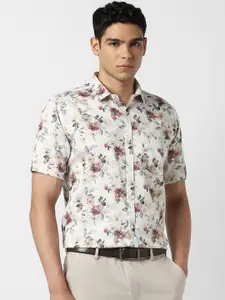 V Dot Slim Fit Floral Printed Spread Collar Half Sleeves Cotton Formal Shirt