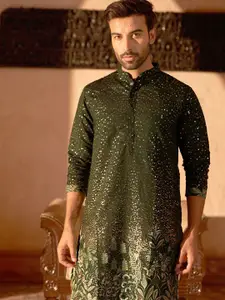 Jompers Floral Embroidered Mandarin Collar Sequinned Straight Kurta