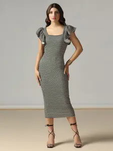 Selvia Women Ethnic Motifs Printed Flutter Sleeves Bodycon Midi Dress