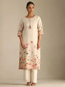 Soch Floral Printed Round Neck Linen Straight Kurta