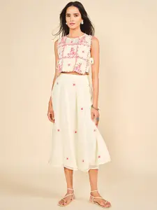 Global Desi Mirror Embroidered Round Neck Top With Skirt Co-Ords