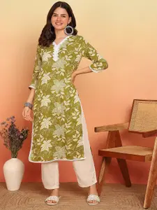 Vbuyz Floral Printed V-Neck Cotton Straight Kurta