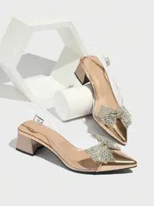 PURPLEHUNT Women Embellished PU Block Heels Pumps with Bows